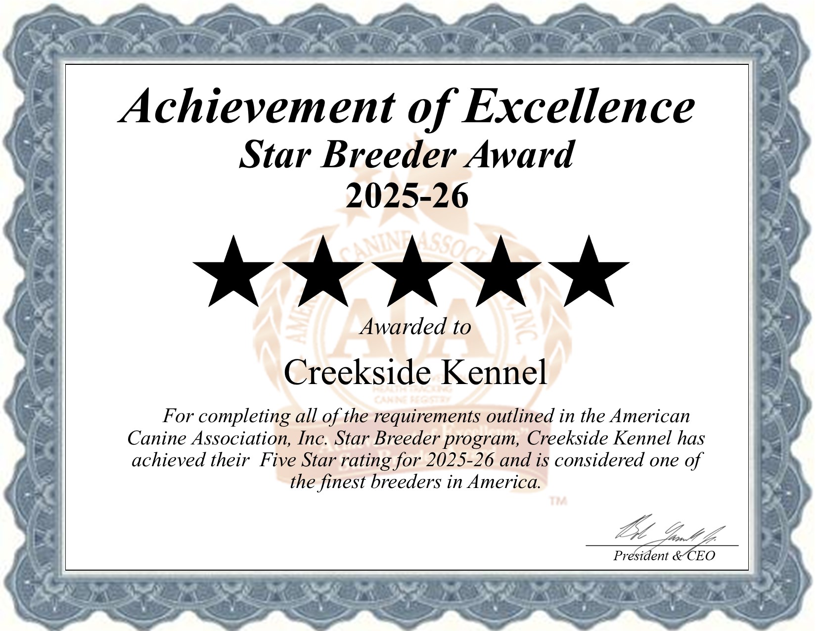 Creek Side Kennel Oberlin, KS Certificate